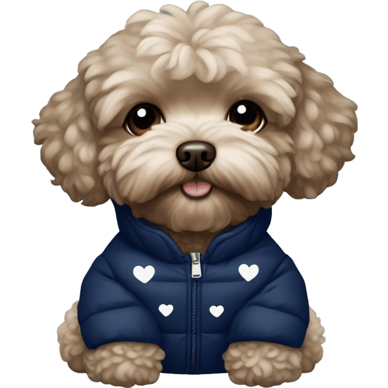 Dark brown maltipoo wearing navy blue puffer jacket with tiny white hearts pattern emoji