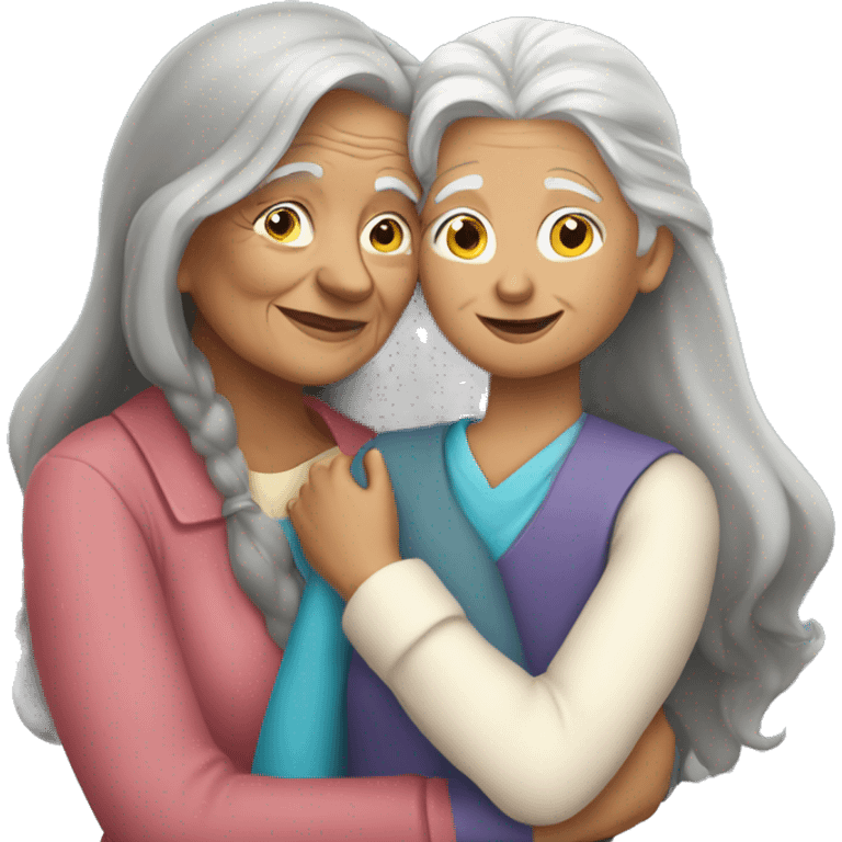 Grandma with long grey hair hugging a teen girl with long briwn hair emoji