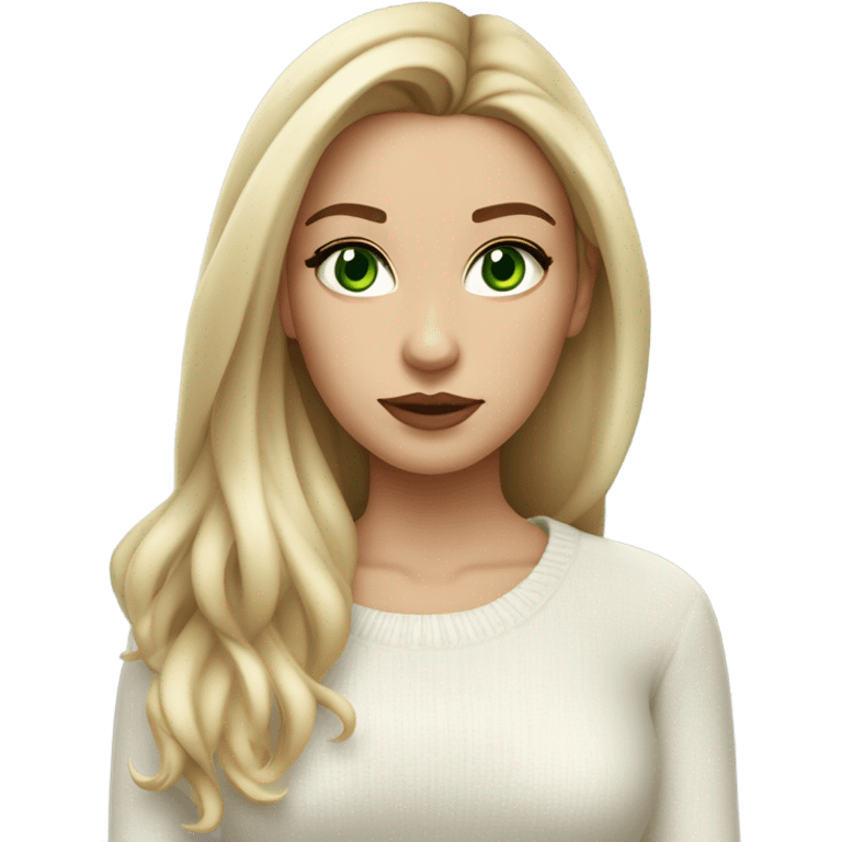 light medium skin, high cheekbone, solo blonde girl with green eyes, medium bust, white sweater, long blow out hair, baddie, middle part, sultry emoji