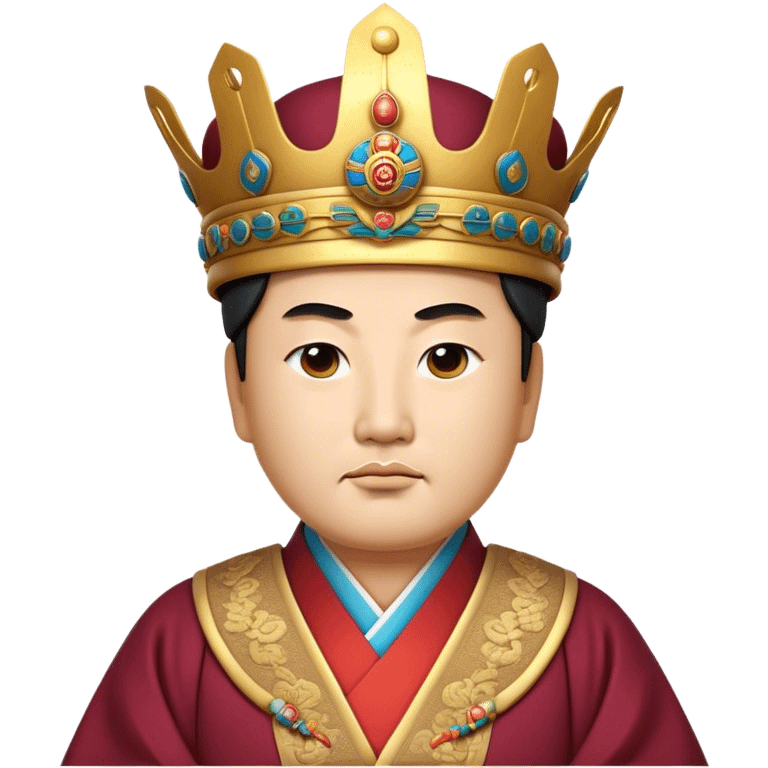 Cinematic Realistic King Sejong Portrait Emoji, depicted as a wise benevolent monarch in traditional Korean royal attire with a thoughtful gaze, rendered with intricate textures and regal soft lighting that captures his historical significance. emoji