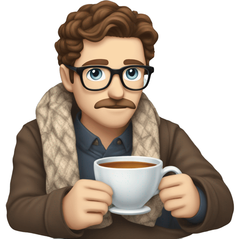 brown hair blue eyes moustache and Soul patch pale guy with glasses drinking tea with blanket on emoji