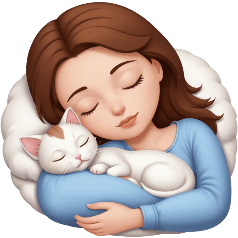 White girl brown hair sleeping with white kitty emoji