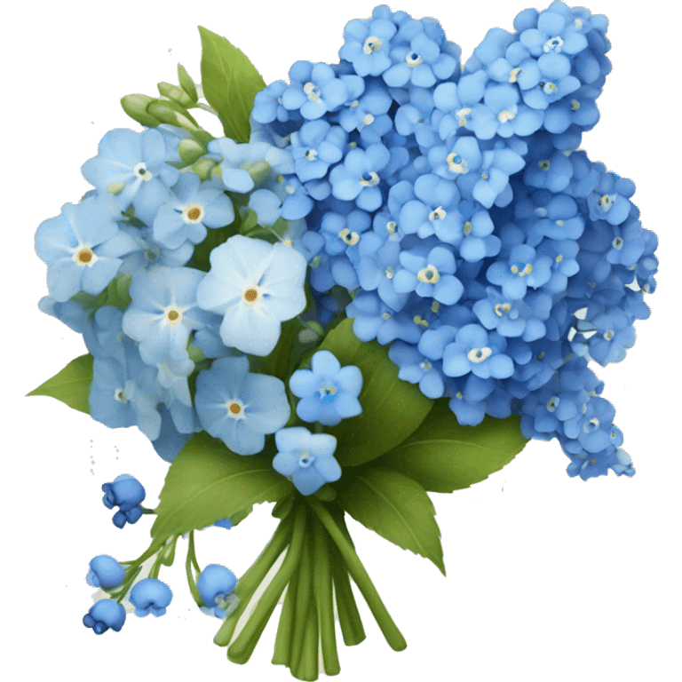 bouquet of baby breaths, delphiniums, forget me nots, and blue hydrangeas  emoji