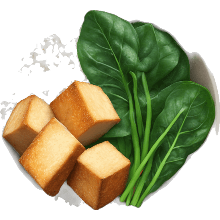 a bowl with white rice, crispy tofu and sliced spinach emoji