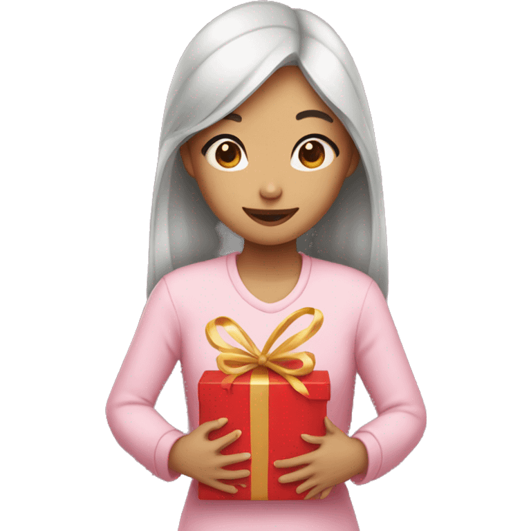 Asian girl with heart eyes holding a present emoji