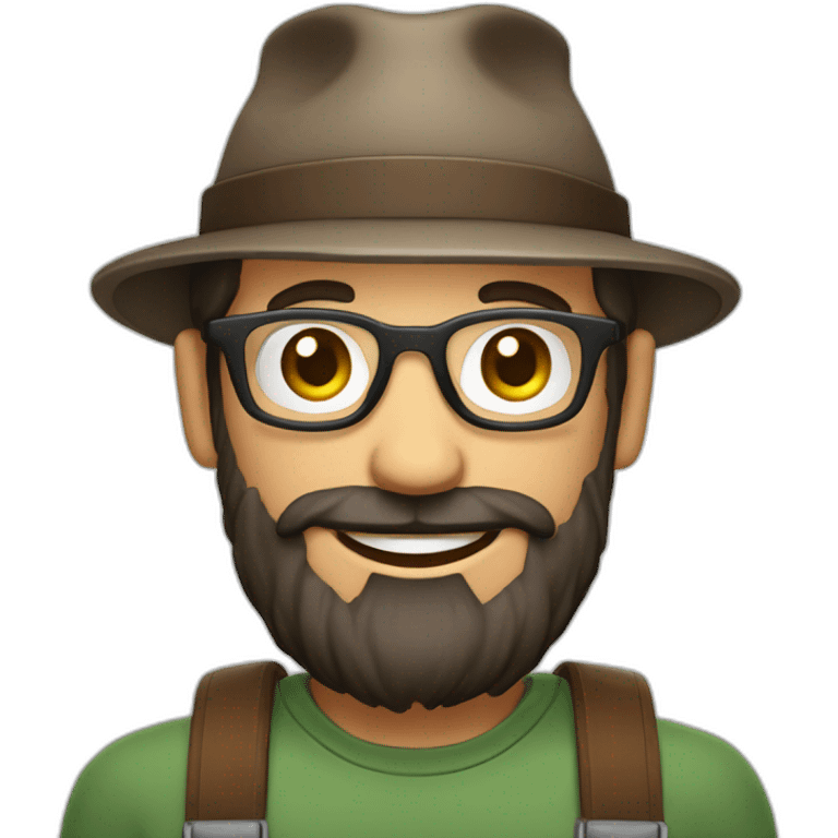 happy smile gardener face long dark beard and very short dark hair round glasses brown eyes and a hat emoji