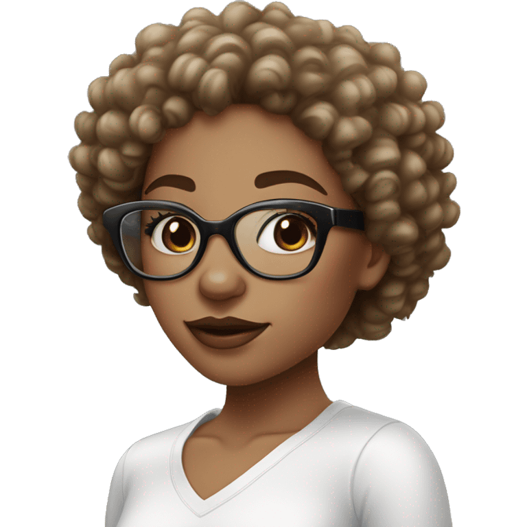 Black curly Hair girl with a white crop top on and blue eyes with natural lashes and glasses with lip gloss on her lips. emoji