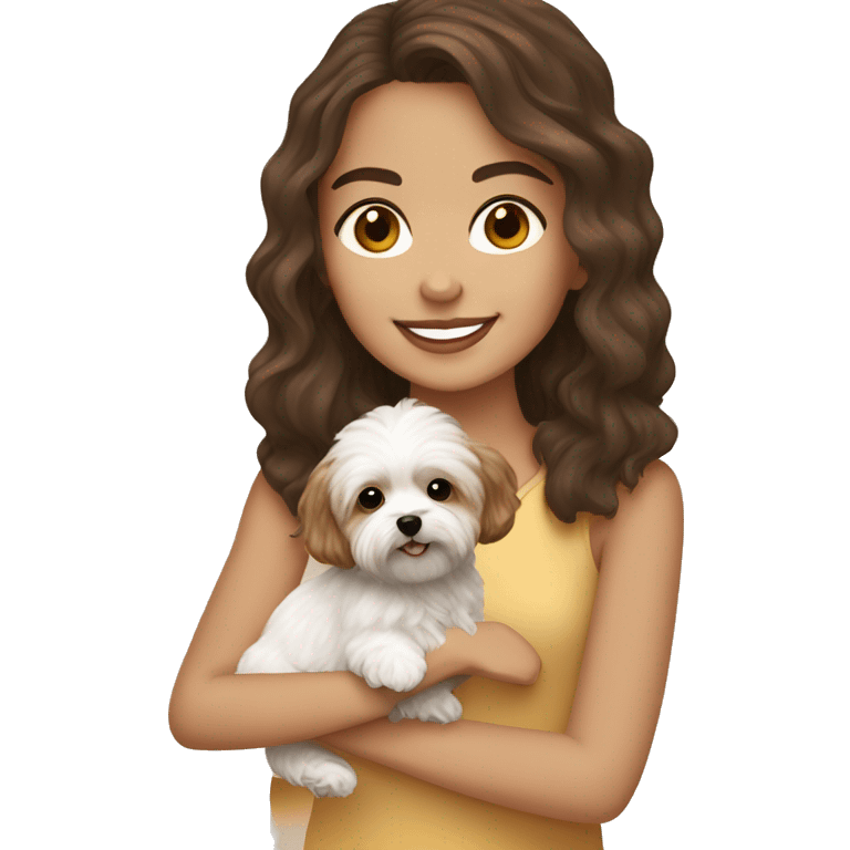 Girl with brown hair and brown eyes holding a white maltipoo and light brown yorkie poo emoji