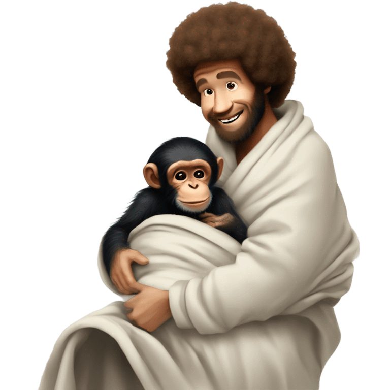 Bob Ross bottle feeding a new born baby chimpanzee wrapped in a blanket emoji