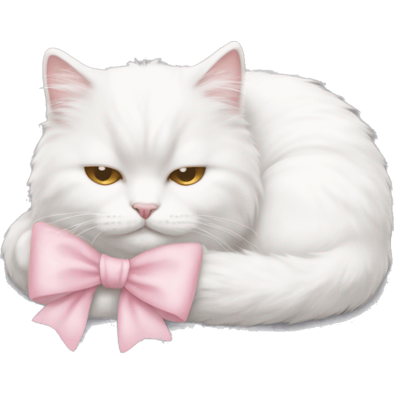 Sleeping white fluffy cat with a light pink bow on the head emoji