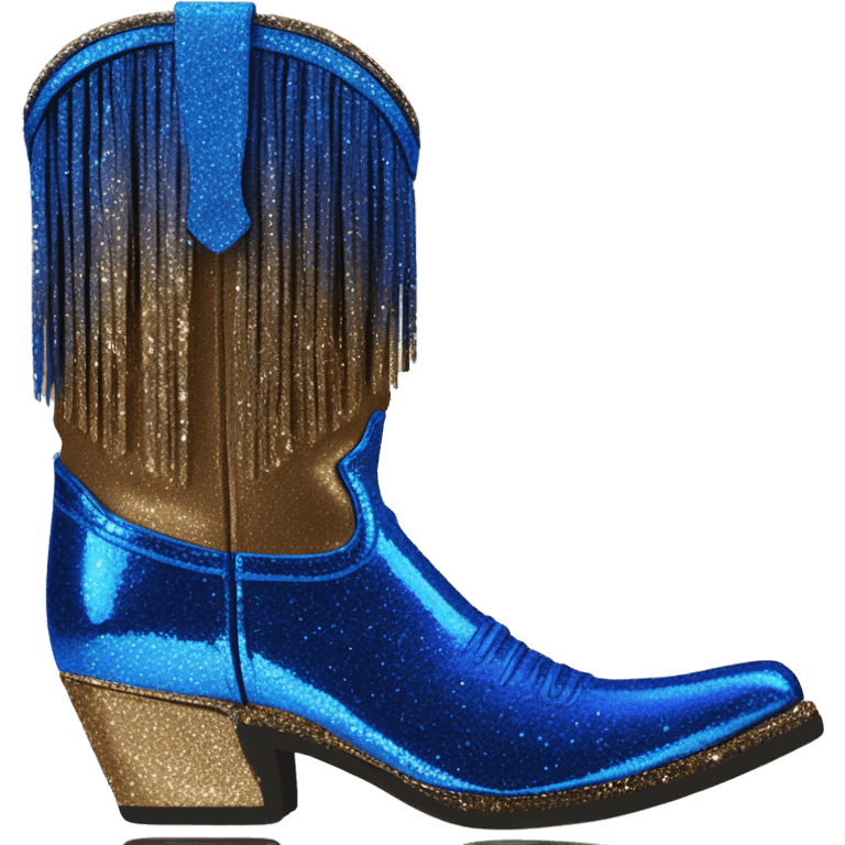 Realistic cobalt blue to bronze ombre pair of fashion cowgirl boots with sparkly shiny glitter fringe on them. emoji