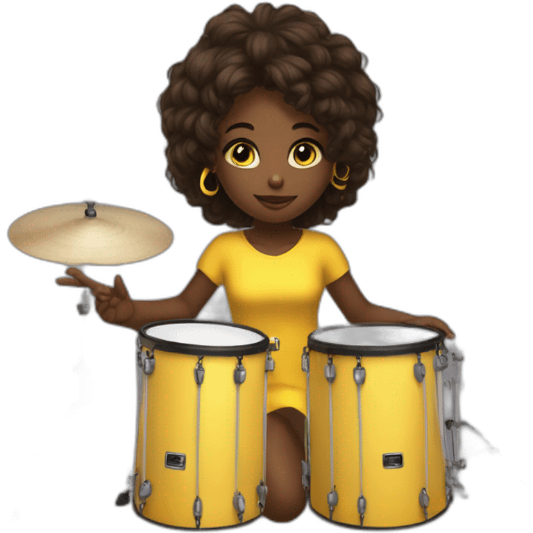 cute girl in yellow dress dark skin with yellow eyes and dark curvy hairs plays on drums emoji