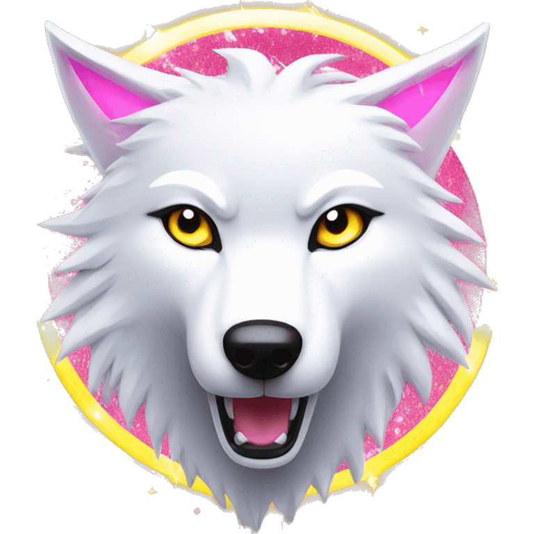 Lightning running sparkling glitter white wolf snarling huge eyes sun halo black white pink red yellow emoji