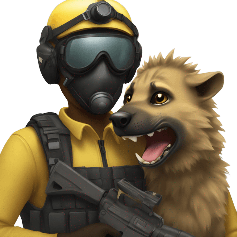 Yellow army Pilot with black mask googles, and then a big hyena kissing him emoji