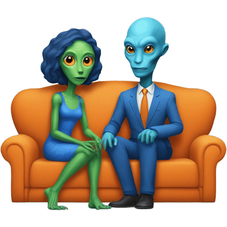 alien reptilian woman in orange dress and humman man in blue, sitting on a couch  emoji