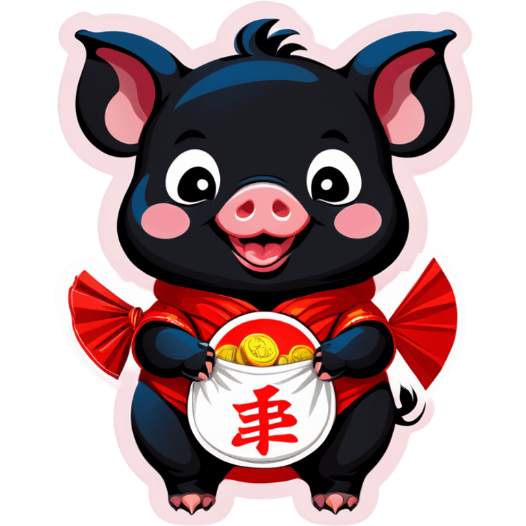 Cute baby black pig smiling with 4 fortune pouches. emoji