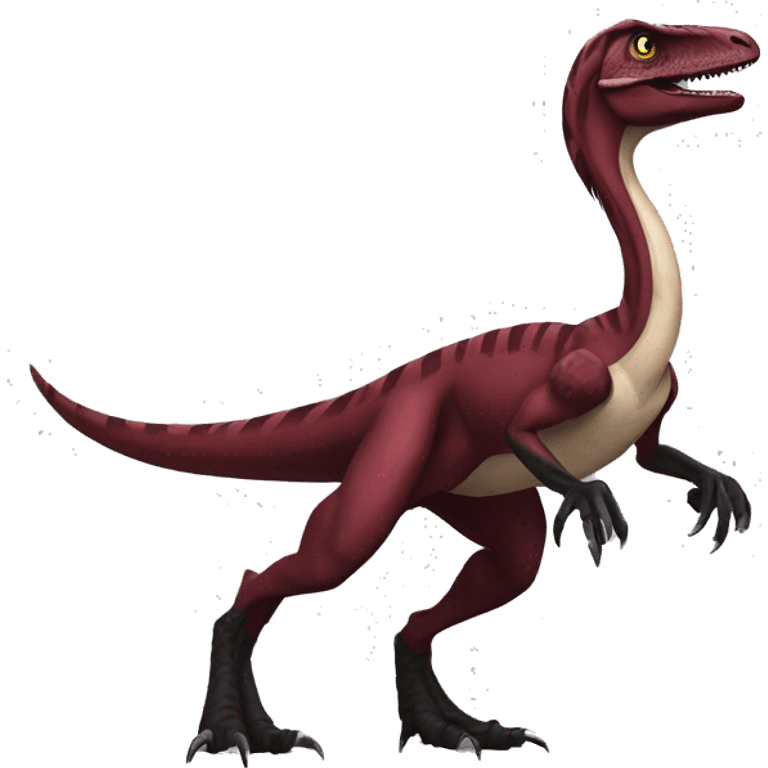 Cool edgy handsome Maroon-colored velociraptor with black wild mane full body emoji