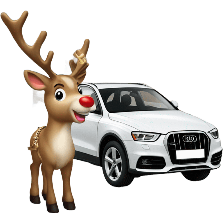 A reindeer harnessed to A white Audi Q3 with a red bridle and golden bells, set in a snowy winter scene. emoji