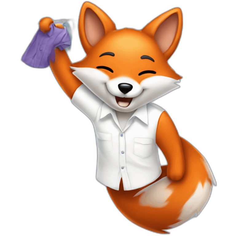 a happy Fox wearing a white shirt doing laundry and hanging clothes on a clothing Line emoji