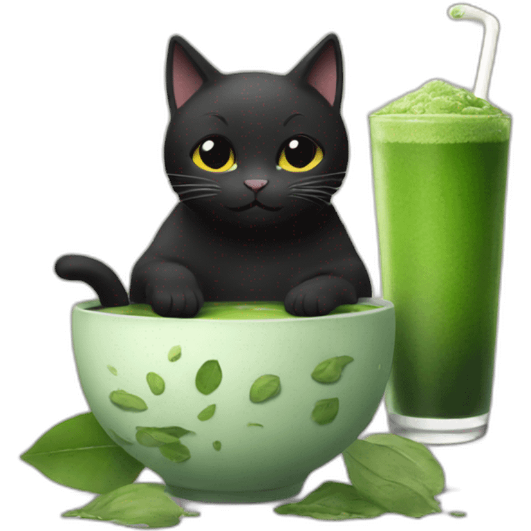 Black Cat drinks a matcha emoji