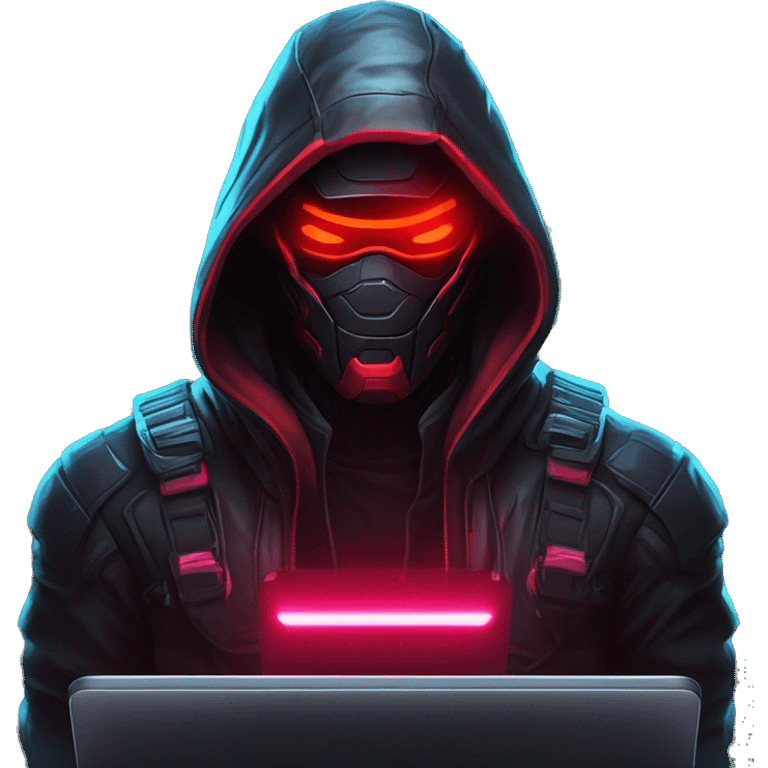 developer behind his laptop with this style : crysis Cyberpunk Valorant neon glowing bright red character dark red black hooded assassin themed character emoji