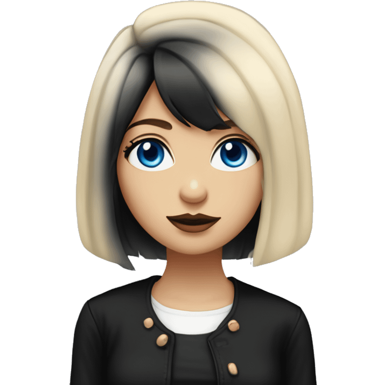 waist-length portrait, looking up, Slavic adult woman, goth eyes makeup, blue eyes, medium bob black-to-blonde ombre straight hair, white T-shirt and black office jacket. emoji