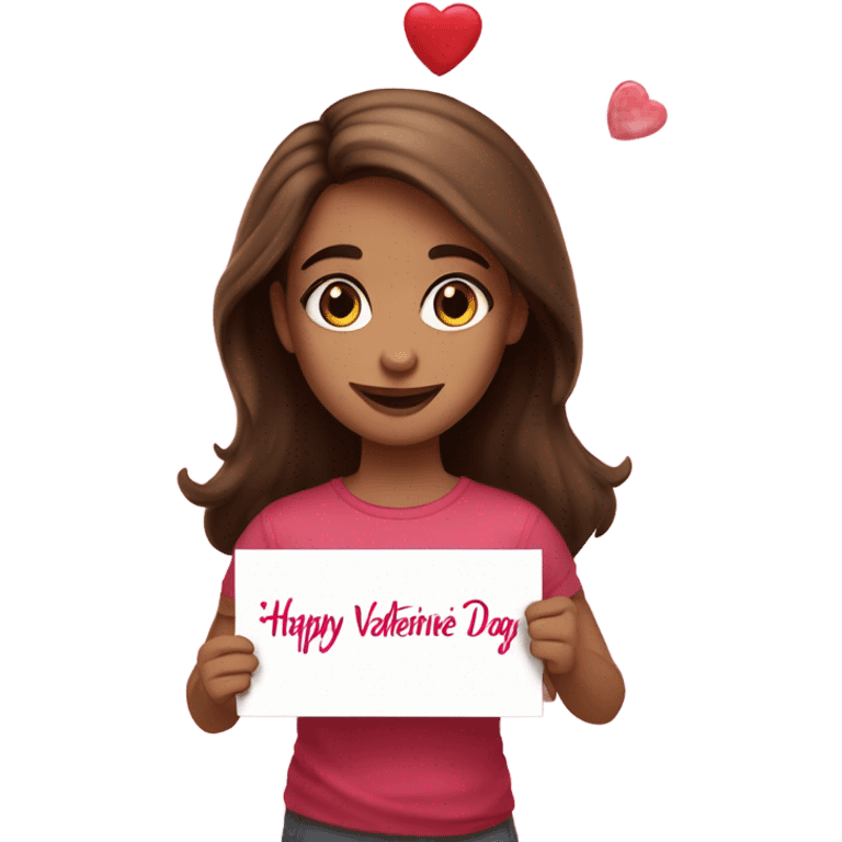 Girl with brown hair and eyes holding a sign that says Happy valentine day sign  emoji