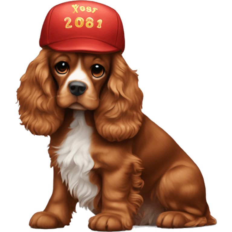 Full red cocker spaniel full length, wearing a New Year's cap emoji