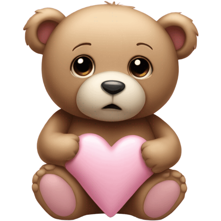 Teddy bear with sad eyes holding a pastel pink heart emoji