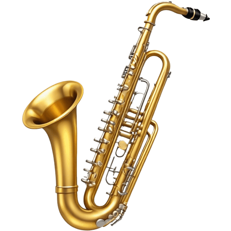 Create a dynamic and vibrant emoji representing a collection of wind instruments. The design should feature a variety of classic wind instruments, including a trumpet, saxophone, clarinet, flute, and trombone, arranged in an artistic and harmonious way. Each instrument should be detailed with its unique features, such as the shiny brass of the trumpet, the sleek keys of the clarinet, and the elegant curves of the saxophone. Add subtle musical notes or soundwaves flowing around the instruments to represent the collective music they create. Use warm metallic tones like gold, silver, and brass, along with deep wood tones for the wooden instruments, to evoke the rich, diverse sounds of wind instruments. The background should be transparent. emoji