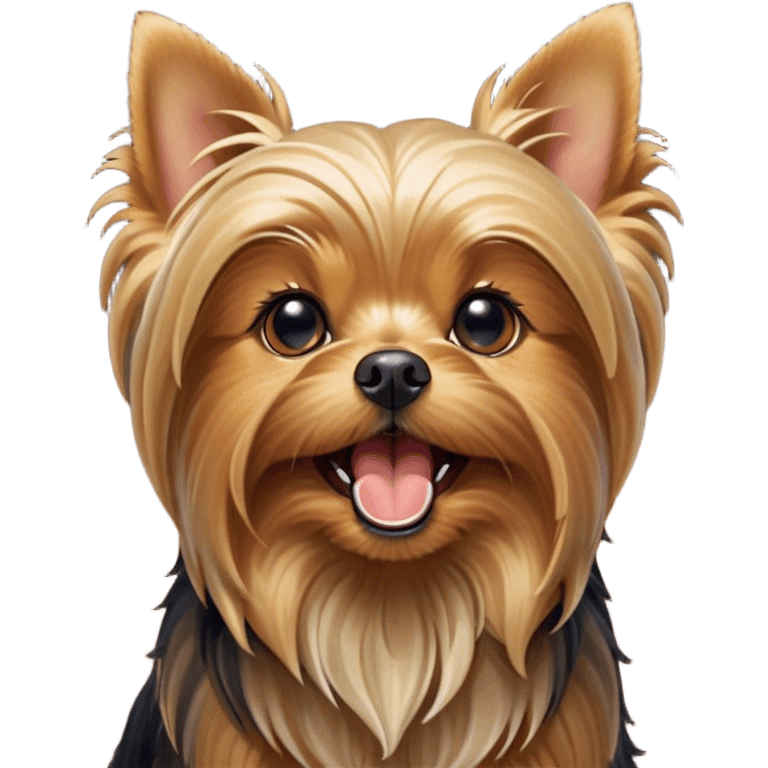 Cinematic Cute Yawning Yorkshire Terrier Portrait Emoji, Head tilted with a playful, drowsy expression and droopy, adorable eyes, featuring a soft, well-groomed fur in rich hues, simplified yet irresistibly endearing, highly detailed, glowing with a warm, cozy radiance, high shine, exuding a relaxed yet spunky charm, styled with a gentle, soft glowing outline, capturing the essence of a Yorkshire Terrier mid-yawn that seems as if it could cuddle right off the screen! emoji