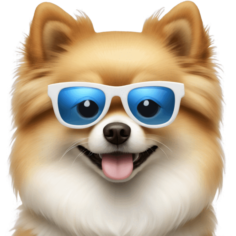 Pomeranian dog with sunglasses. Dog is mostly white and has one blue eye and one brown eye. emoji