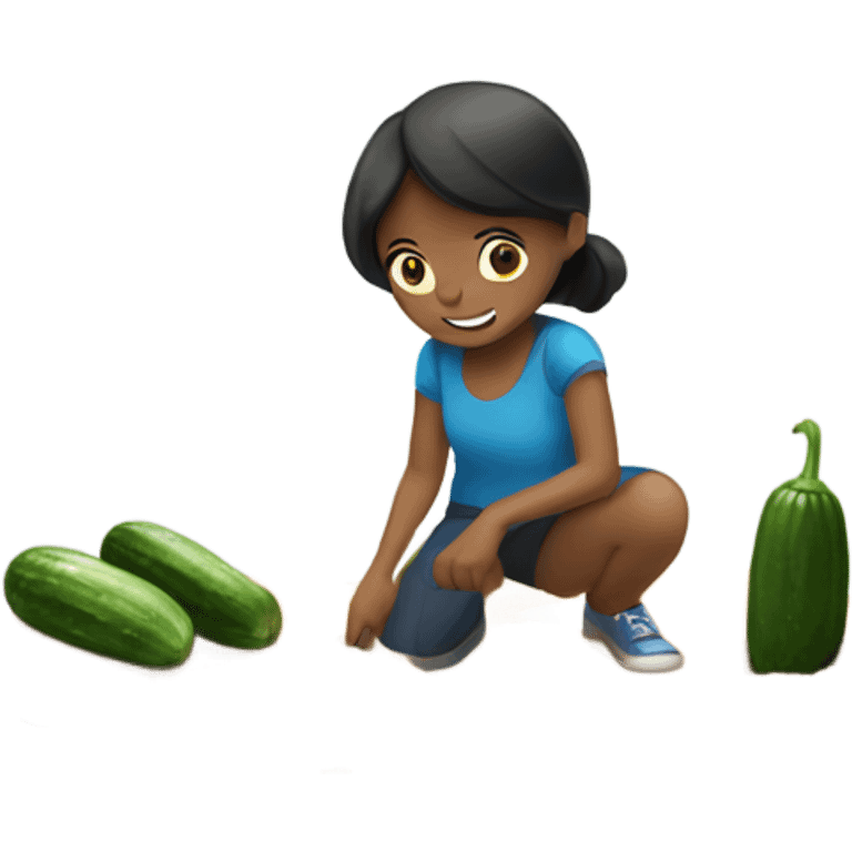 Girl picking up dirt from the floor with a cucumber emoji