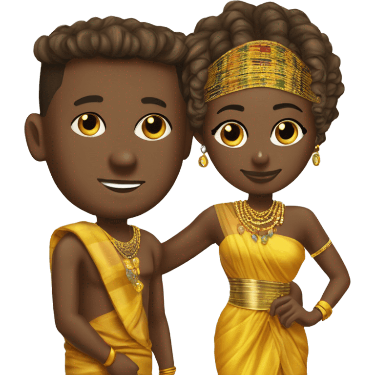 Ghanaian brown skin bride and brown skin groom. Gold jewelry and gold head with kente one shoulder dress. Kente toga emoji