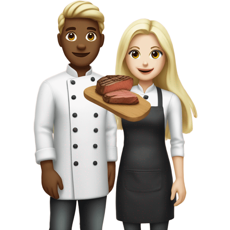 20 year old white skin Blonde couple eating steak girl with long hair in chef outfit  emoji