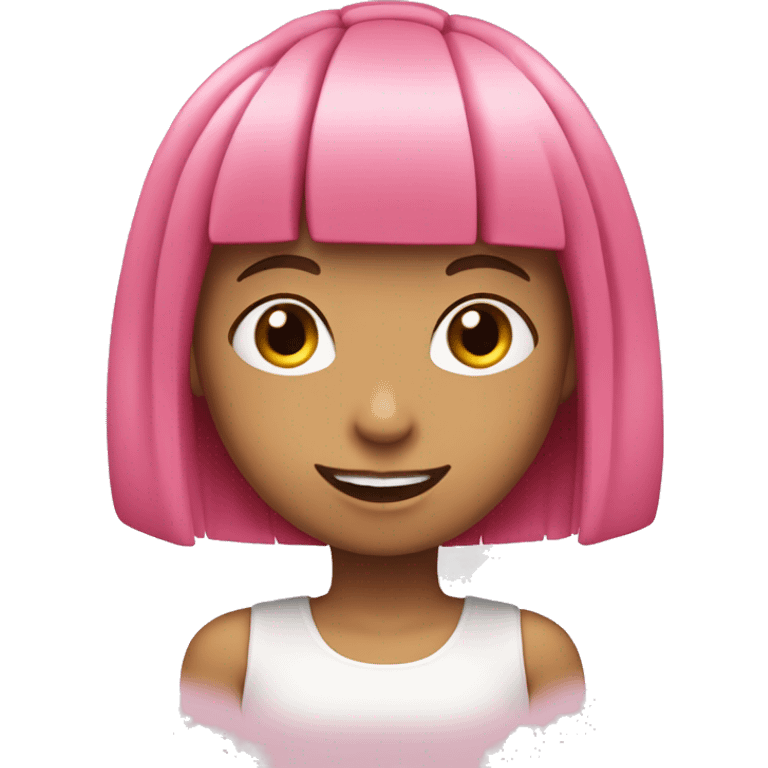 girl with bob cut pink hair and fringe with pink eyes and happy smile emoji