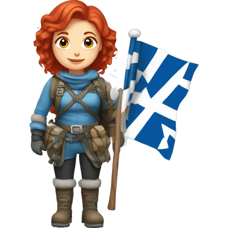 female winter mountaineer red hair holding greek flag and easter egg emoji