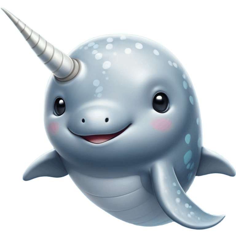 Cinematic Noble Cute Narwhal Portrait Emoji, Poised and graceful, with a streamlined, gently curved body clad in mottled, silvery-gray skin, accented by a long, spiraled ivory tusk and wide, expressive eyes radiating playful intelligence, Simplified yet sharp and sophisticated features, highly detailed, glowing with a cool, frosted ocean glow, high shine, intelligent and enigmatic, stylized with an air of whimsical marine majesty, focused and graceful, soft glowing outline, capturing the essence of a watchful and confident cute narwhal that appears ready to glide out of the screen with effortless charm! emoji