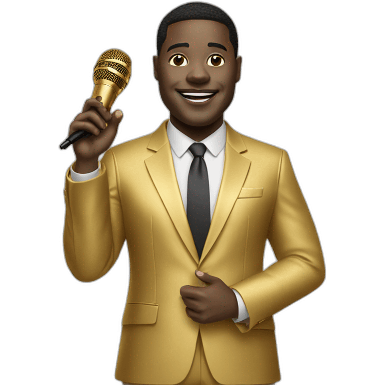 sam richardson in a gold suit holding a microphone emoji