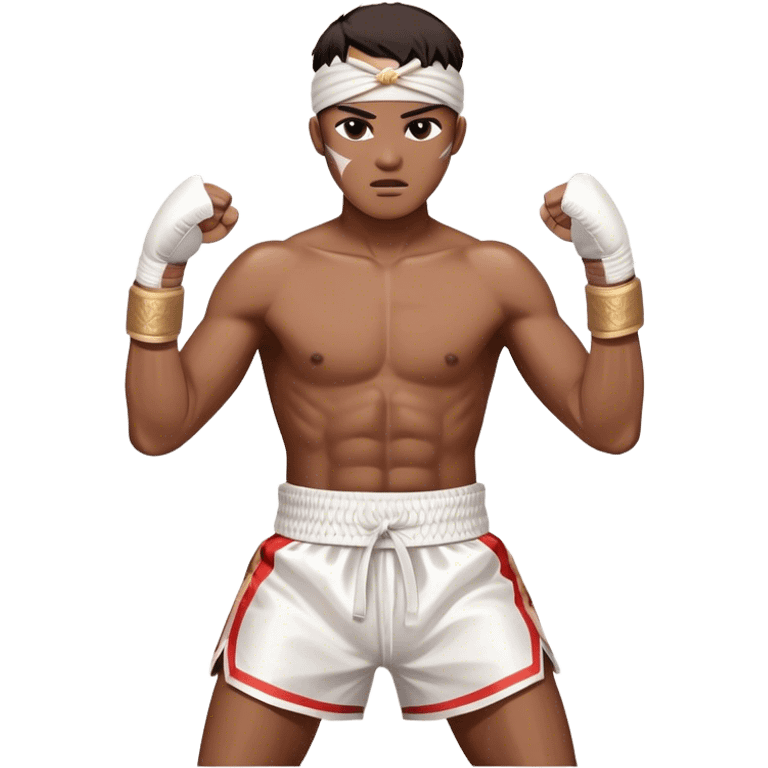 ​Cinematic Realistic Traditional Muay Thai Fighter such as Buakaw Banchamek, depicted in authentic attire featuring white bandaged gloves wrapped around his fists, a traditional headband tied neatly, and classic Muay Thai shorts, captured in a dynamic fighting stance under dramatic, high-energy lighting that highlights the raw power and elegance of the art, emoji