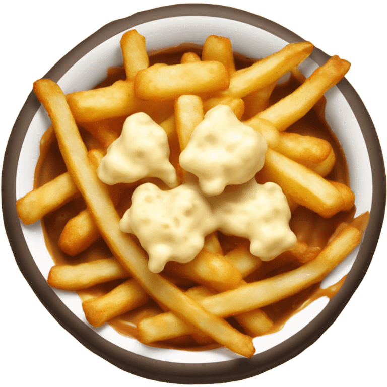 Bowl with fries and cheese curds on top covered in gravy emoji