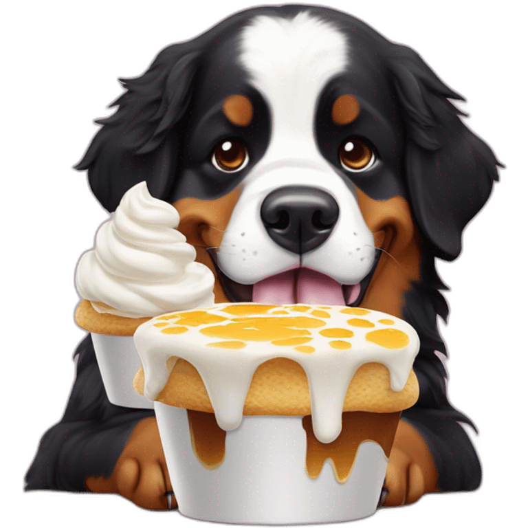 Bernese mountain dog eating meringue and double cream emoji