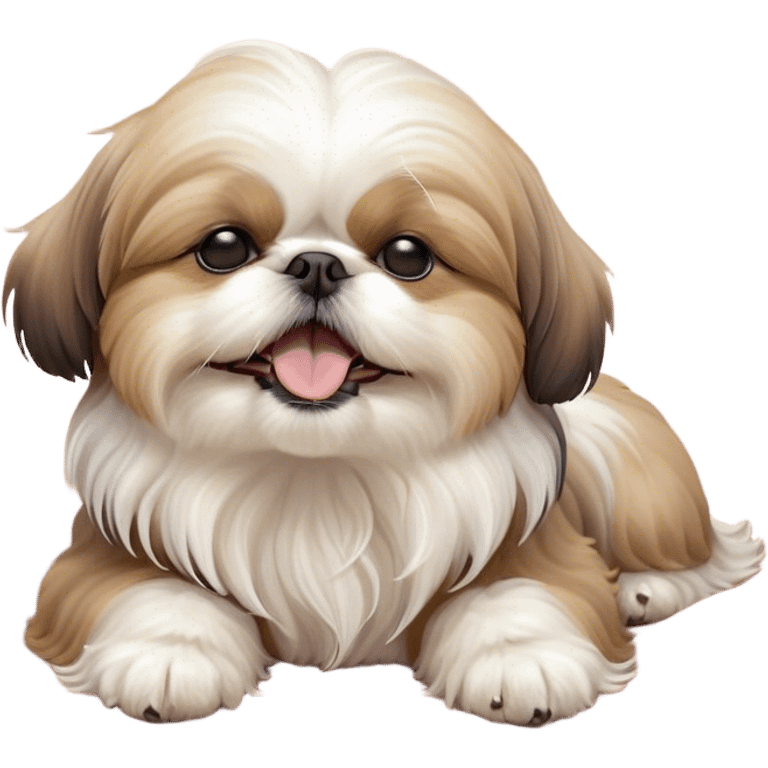 Cinematic Cute Yawning Shih Tzu Portrait Emoji, Head gently tilted with an irresistibly cute yawn and sleepy, half-closed eyes, showcasing a luxurious, fluffy fur in gentle pastel tones, simplified yet endearingly detailed, glowing with a soft, drowsy radiance, high shine, exuding tender, sleepy charm, styled with a delicate, soft glowing outline, capturing the essence of a Shih Tzu caught in a moment of adorable, sleepy bliss! emoji