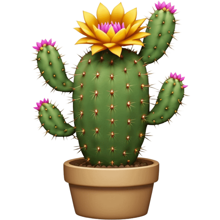 Cinematic Realistic Cactus Emoji, Tall and spiny, with thick, rounded stems covered in sharp spines. Bright flowers bloom at the tips of some branches, adding a pop of color against the desert backdrop. Soft glowing outline, capturing the essence of strength, survival, and desert beauty in a striking cactus! emoji