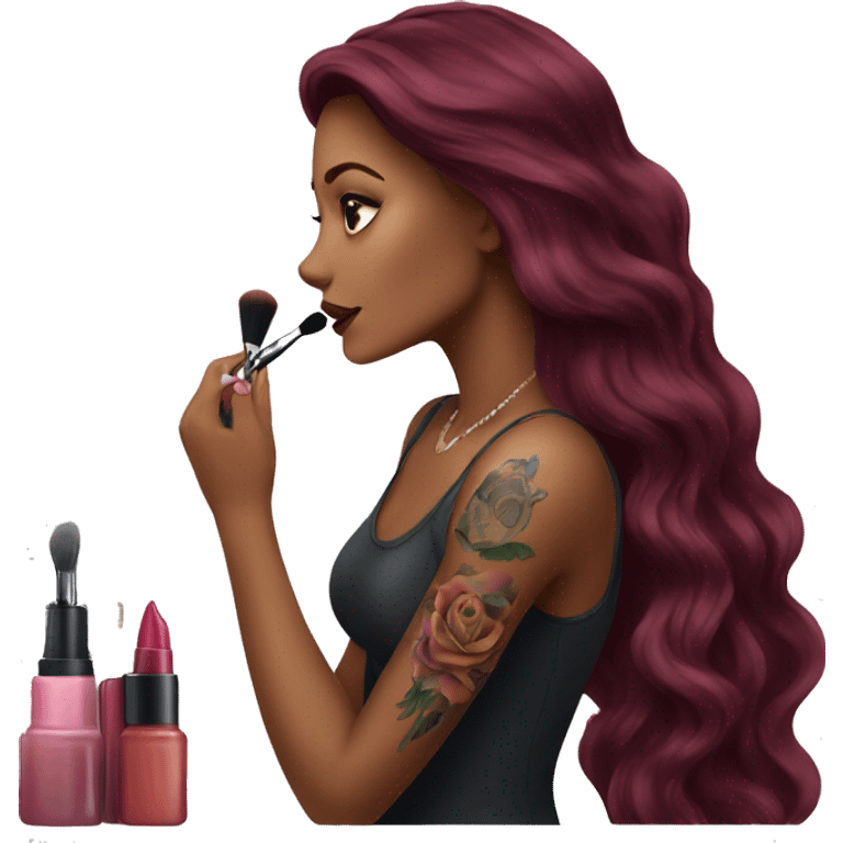 Beautiful tattooed burgundy long haired woman doing her makeup emoji