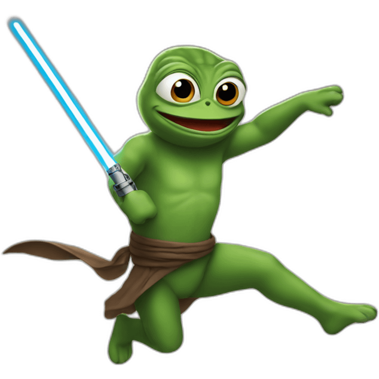 Pepe jumping with large lightsaber emoji