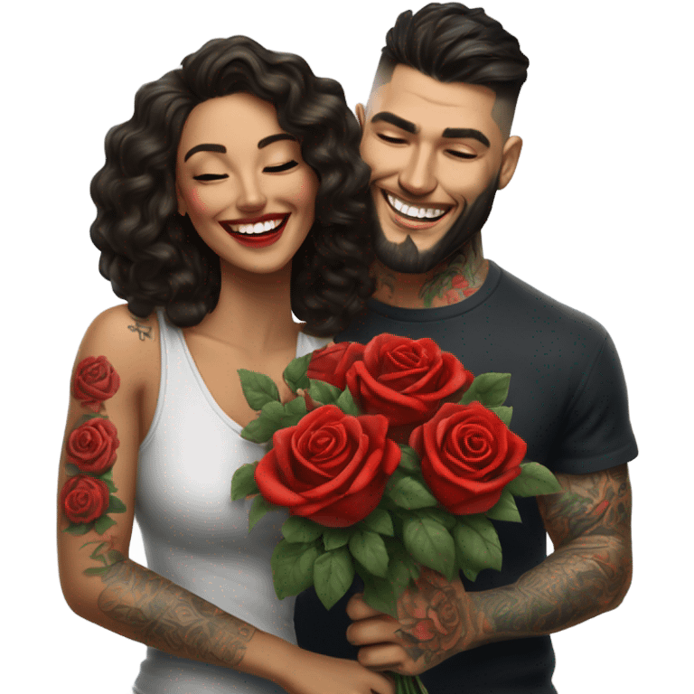 Hyper Realistic beautiful woman smells bouquet of bright red roses laughing with handsome tattooed man  emoji