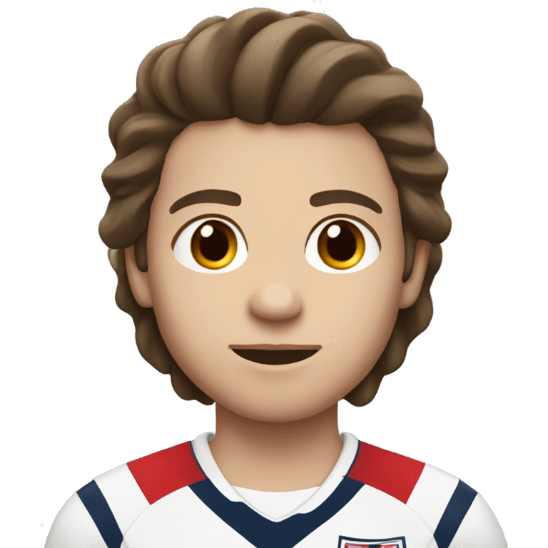 A white person with a England football jersey on dark brown neat hair who is a boy emoji