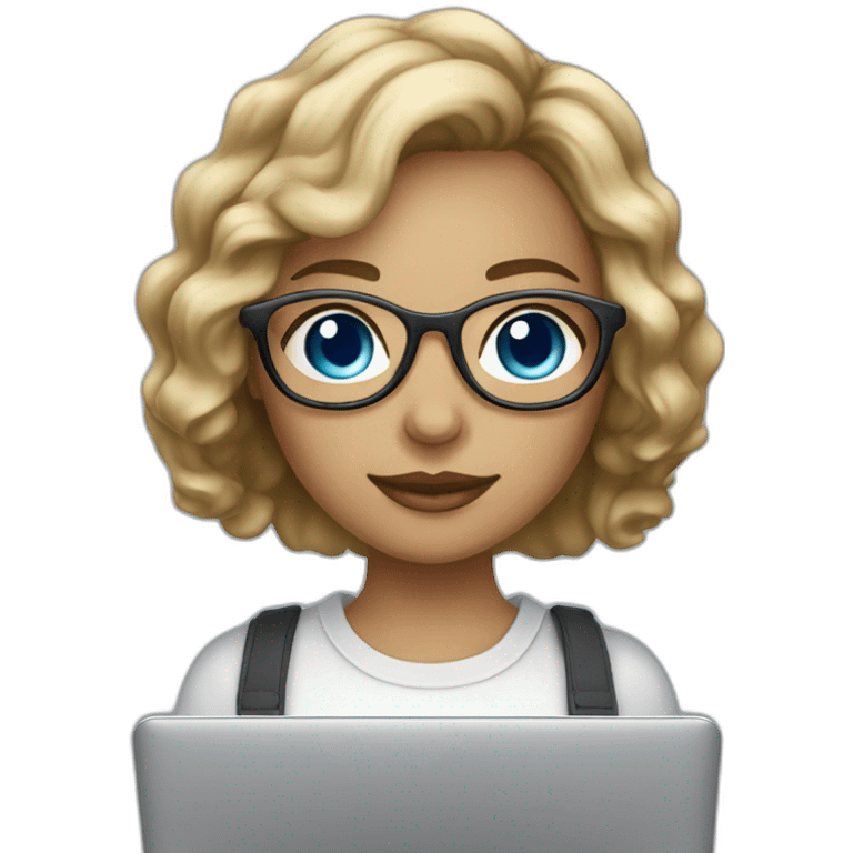 dark-blonde girl with bob wavy hair and blue eyes in glasses silver color glasses holding laptop light skin emoji