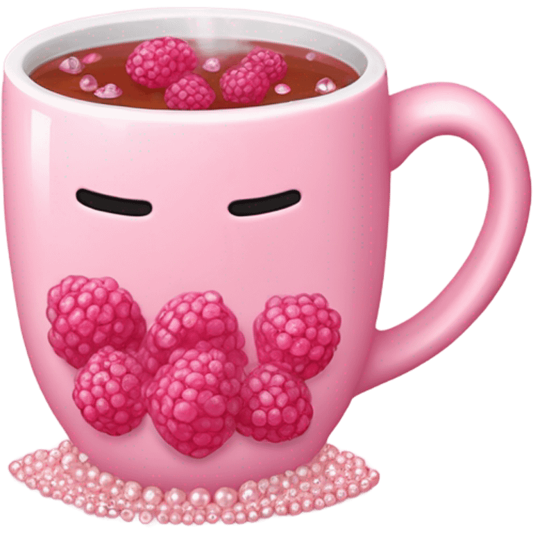 soft pink mug filled with steaming hot raspberry tea, decorated with blush pink pearl and sparkly embellishments (aesthetic, cute) emoji